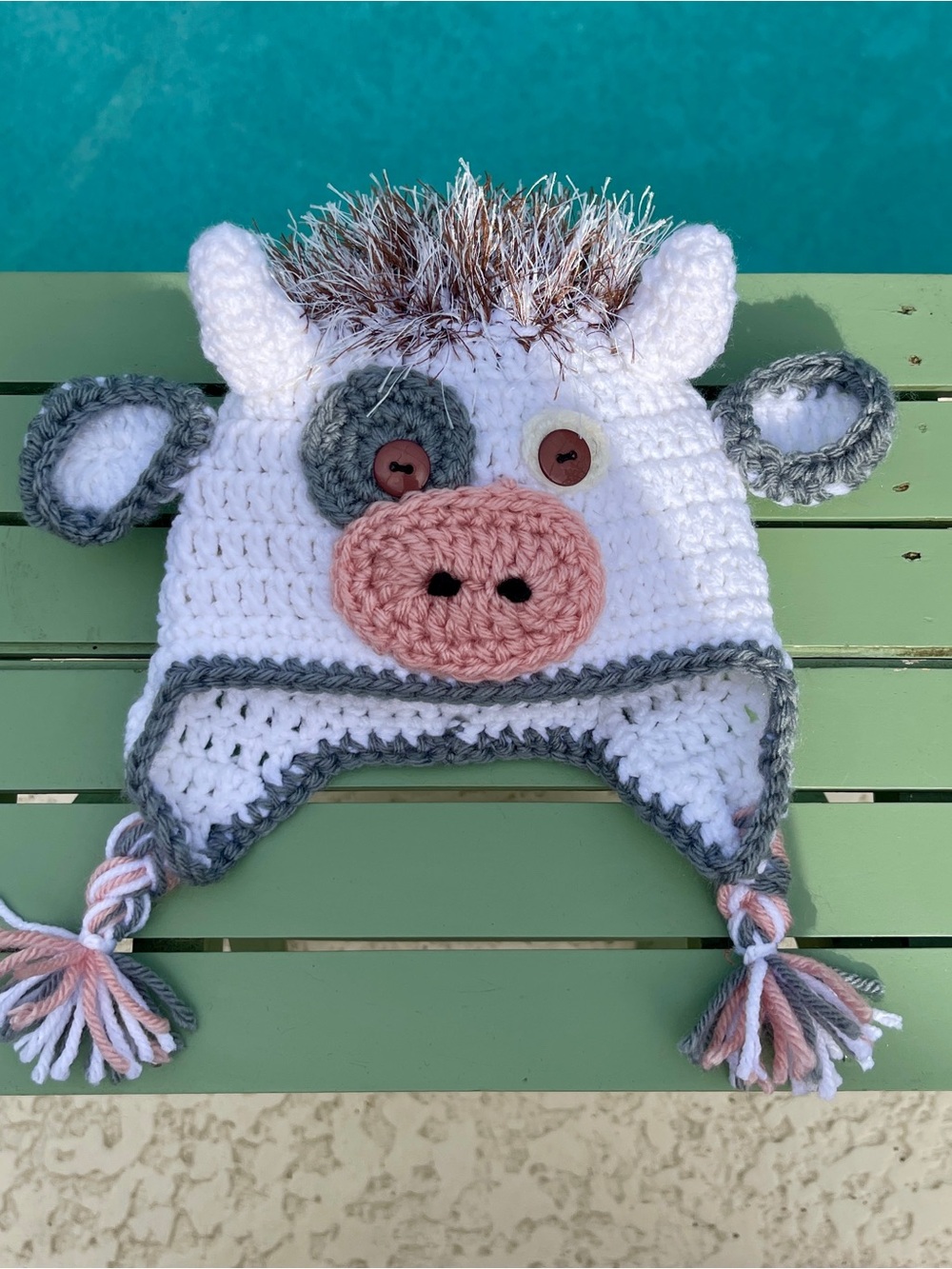 Handmade White & Pink Crochet Cow Earflap Hat for baby newborn hat